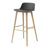 Black bar stool with a sleek seat and natural wood legs, featuring a minimalist design for modern decor.