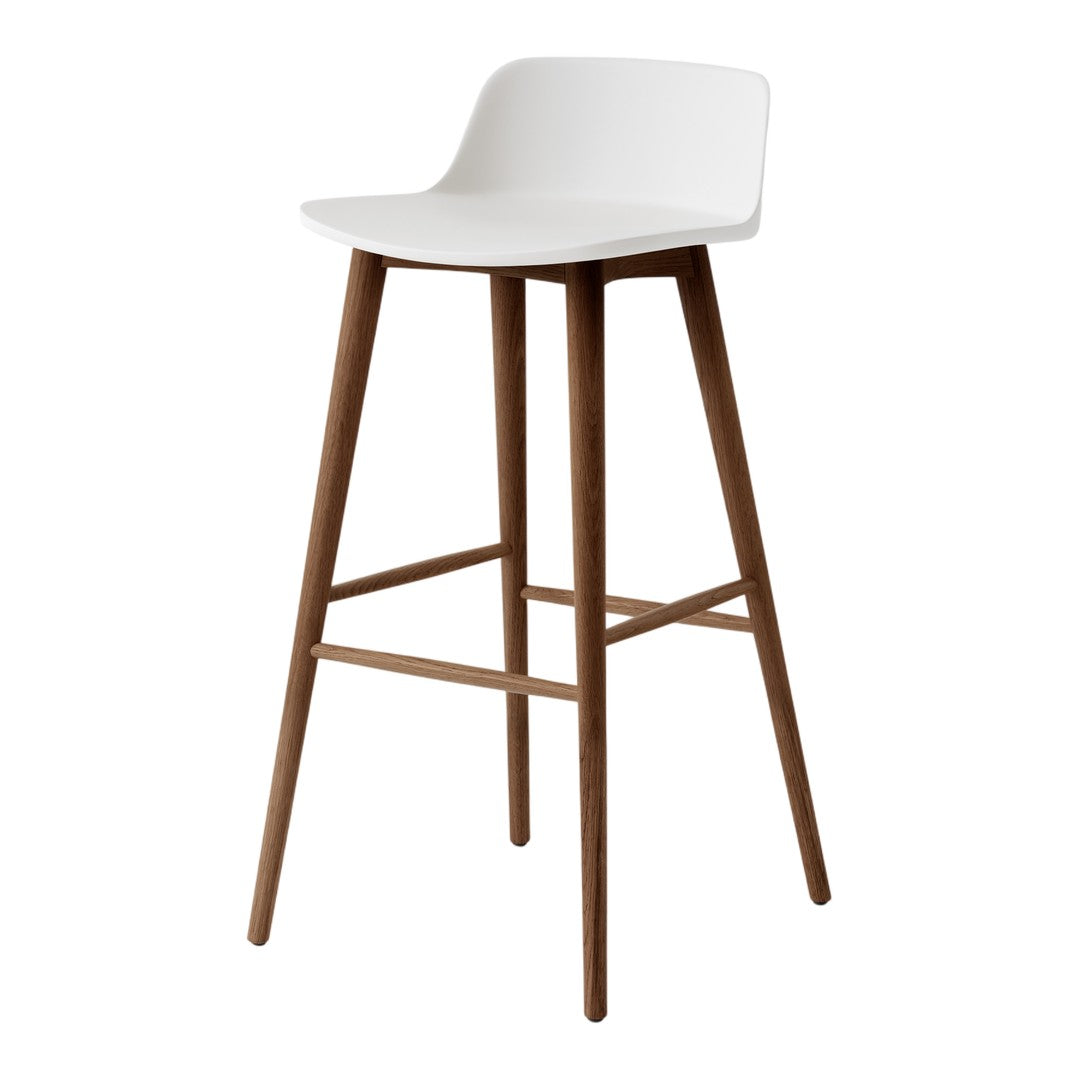 White bar stool with a smooth seat and natural wood legs, featuring a minimalist design and clean lines.
