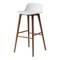 White bar stool with a smooth seat and natural wood legs, featuring a minimalist design and clean lines.
