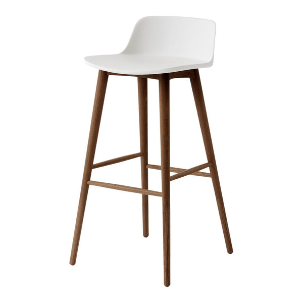 White bar stool with a smooth seat and natural wood legs, featuring a minimalist design and clean lines.