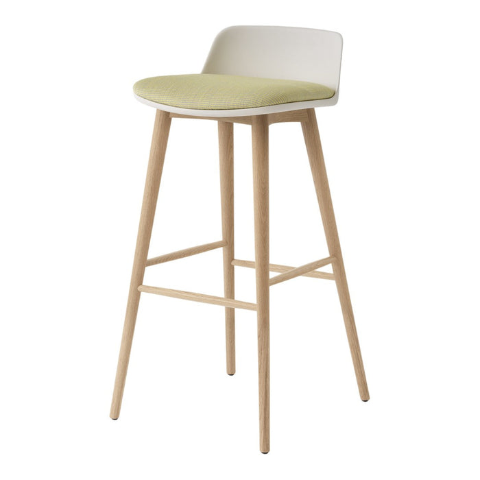 Light green seat with a white backrest, natural wood legs, and simple design for modern bar stool.