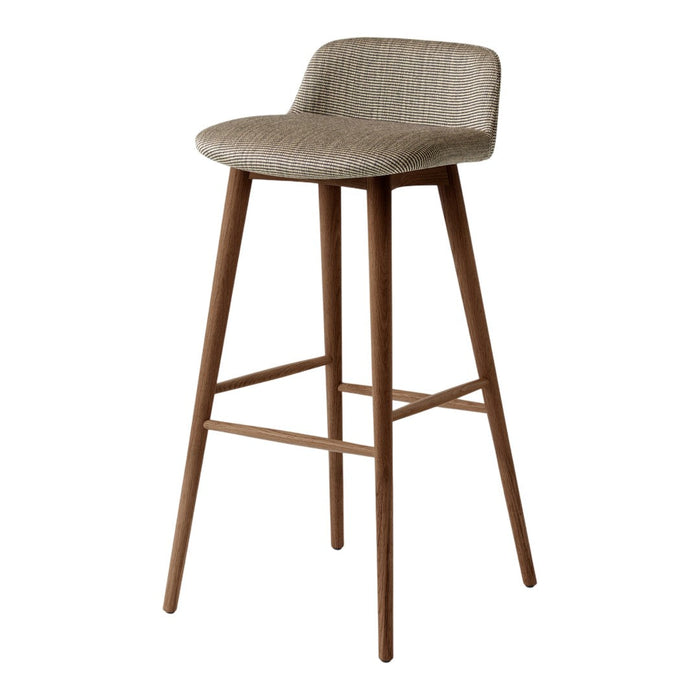 Beige upholstered bar stool with a textured pattern and light wood legs. Stylish and modern design for any decor.