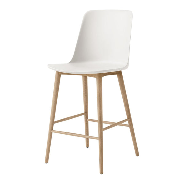 White modern bar stool with smooth finish and natural wood legs. Minimalist design complements any decor.