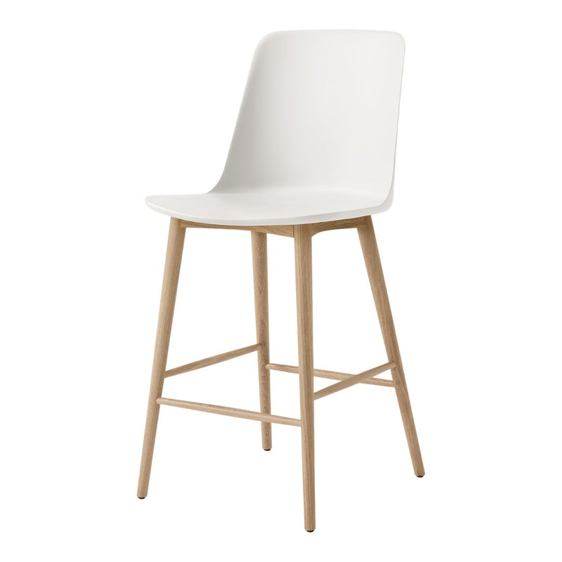 White modern bar stool with smooth finish and natural wood legs. Minimalist design complements any decor.