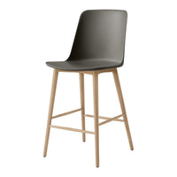 Modern gray bar stool with a sleek design, featuring a matte finish and light wooden legs. Perfect for contemporary decor.