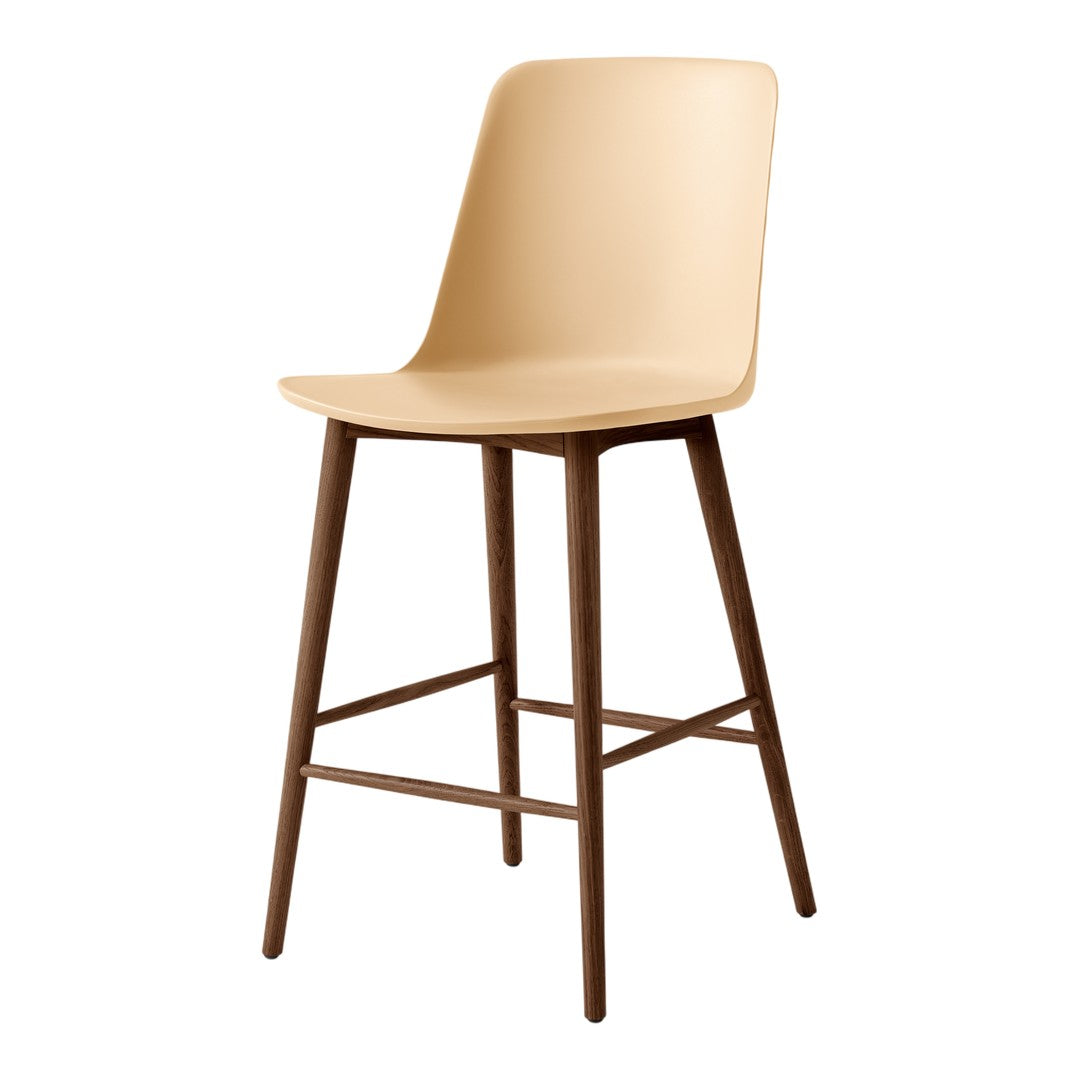 Beige modern bar stool with a smooth finish and wooden legs, perfect for contemporary home decor. 