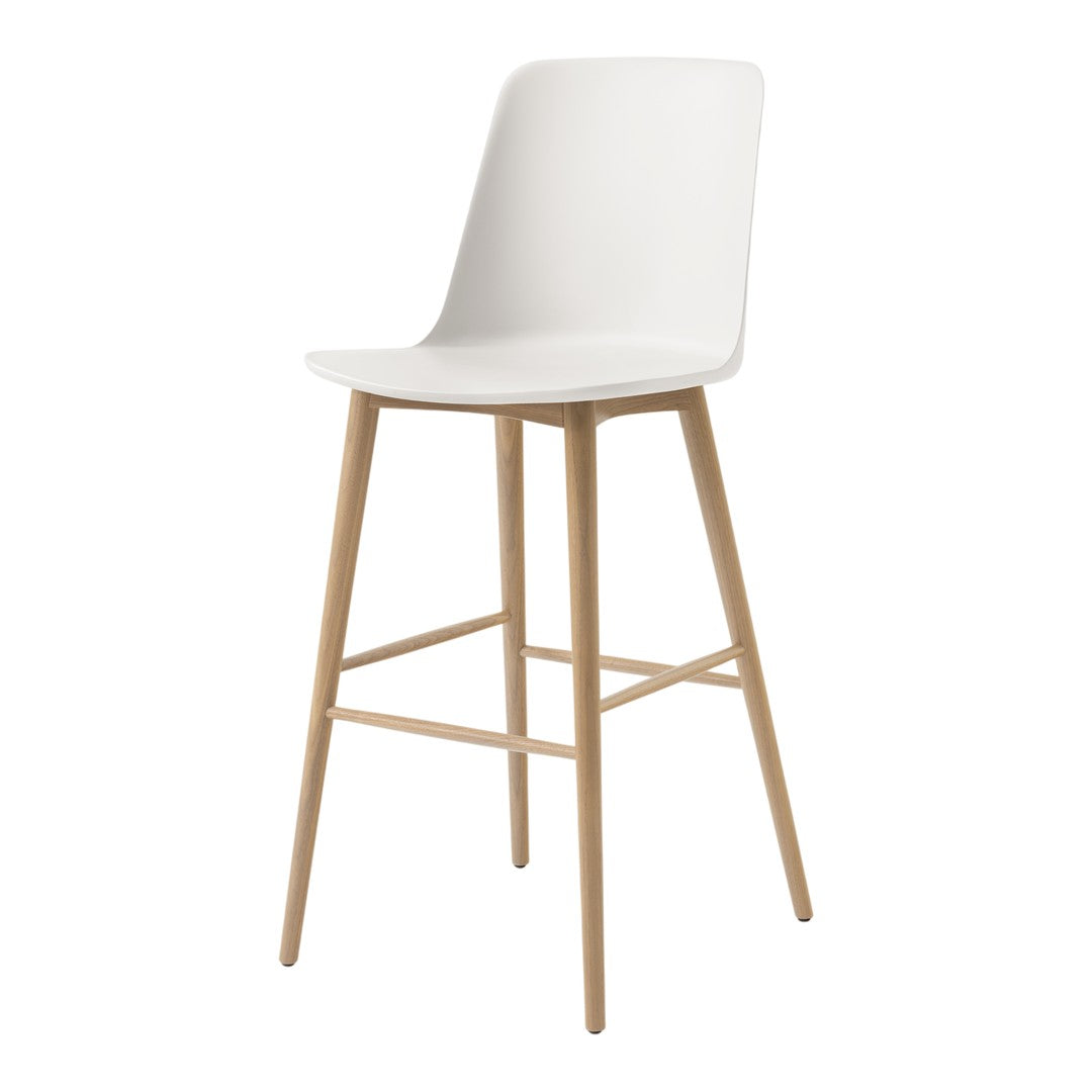 White modern bar stool with a smooth, minimalist design and natural wood legs. Ideal for contemporary decor.