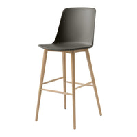 Modern bar stool with a sleek gray plastic seat and light wood legs. Simple design with clean lines and neutral colors.