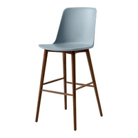 Light blue high-back bar stool with natural wood legs, featuring a simple and modern design.