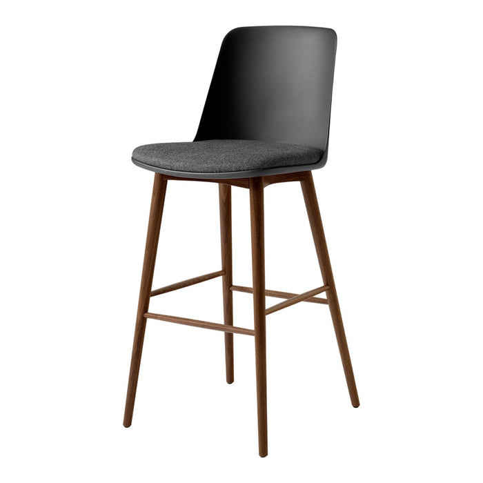 Black upholstered bar stool with a sleek design and wooden legs, featuring a modern minimalist look.