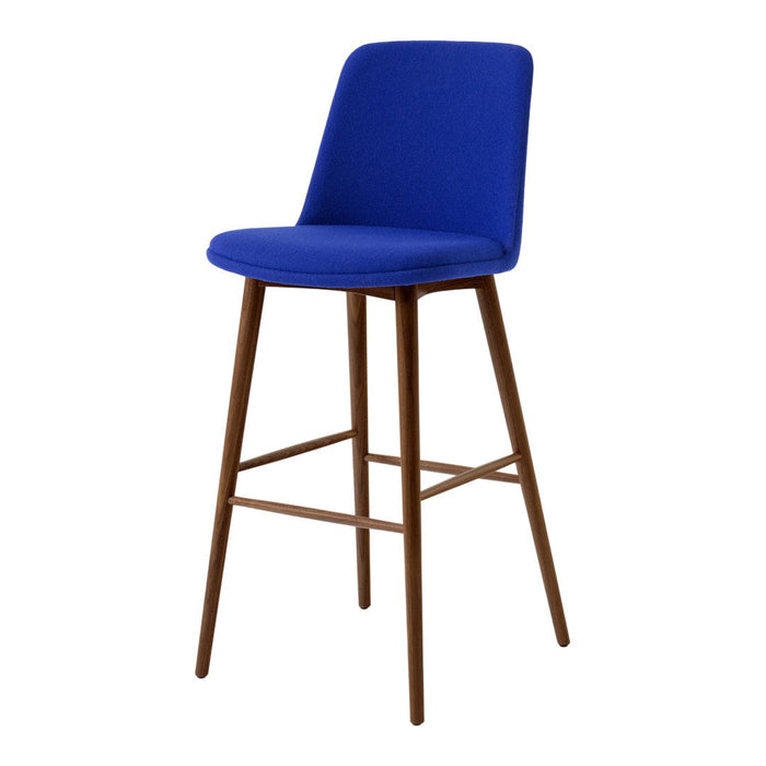 Modern blue upholstered bar stool with a sleek wood finish and minimalist design. Ideal for contemporary spaces.