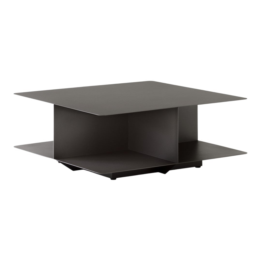 Modern square coffee table in matte black, featuring sleek lines and minimalistic design with an open shelf.