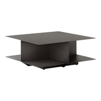 Modern square coffee table in matte black, featuring sleek lines and minimalistic design with an open shelf.