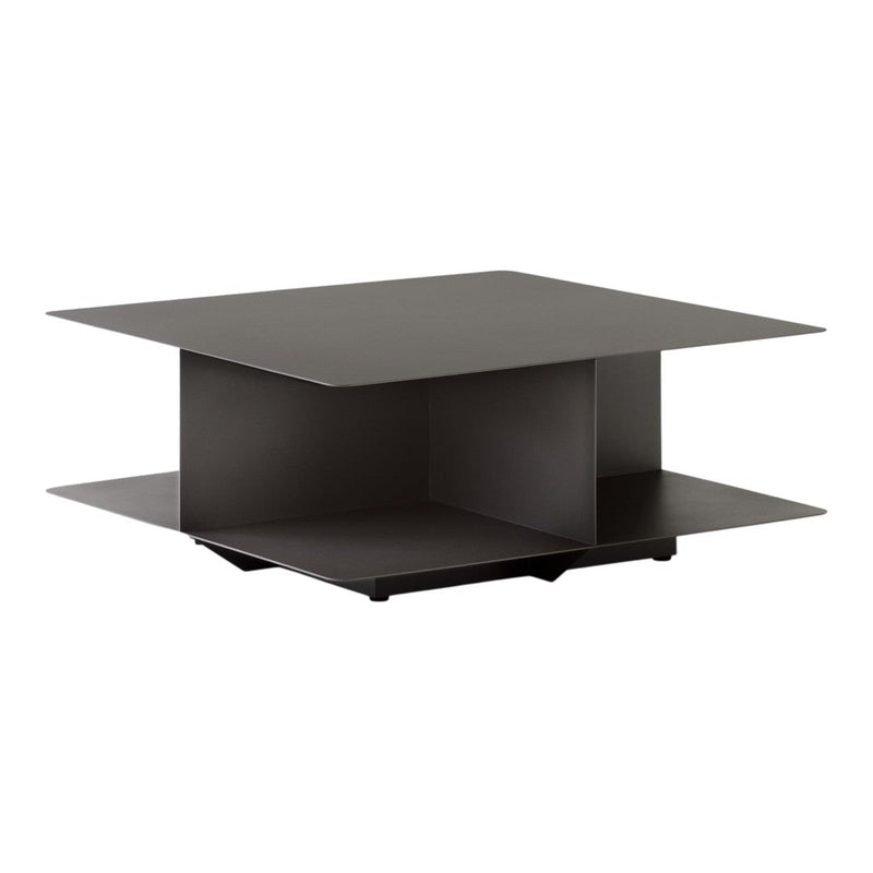 Modern square coffee table in matte black, featuring sleek lines and minimalistic design with an open shelf.