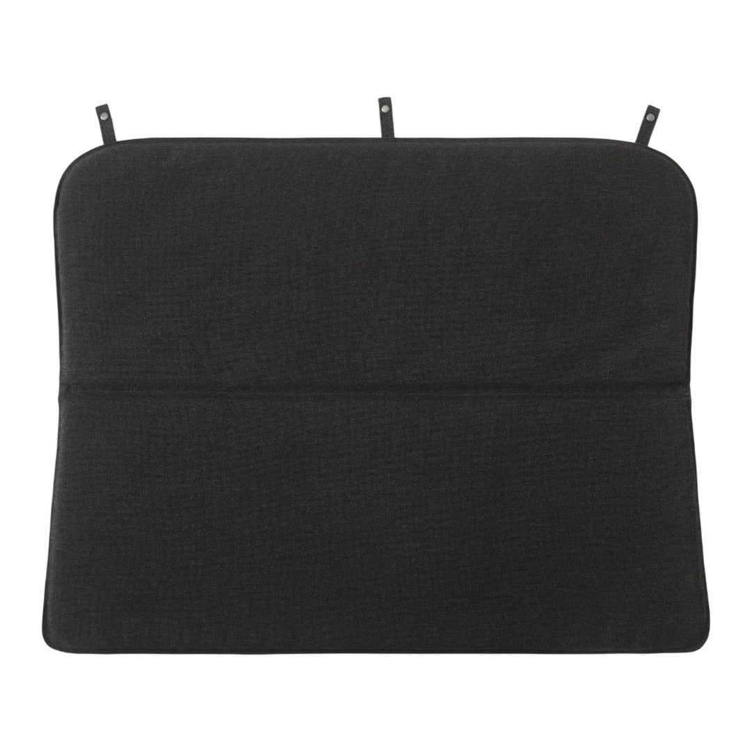 Black textured cushion with a smooth finish and subtle stitching details, featuring two top loops for attachment.