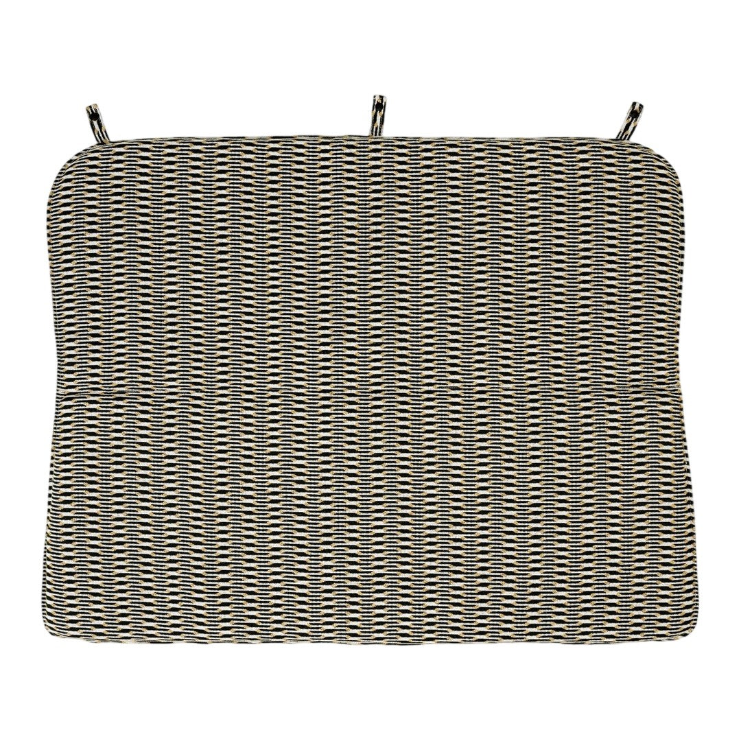 Gray and cream striped cushion with a subtle geometric pattern, featuring ties for secure attachment.