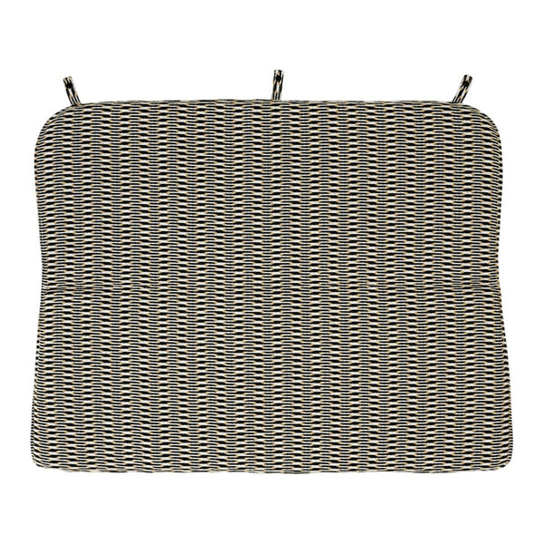 Gray and cream striped cushion with a subtle geometric pattern, featuring ties for secure attachment.