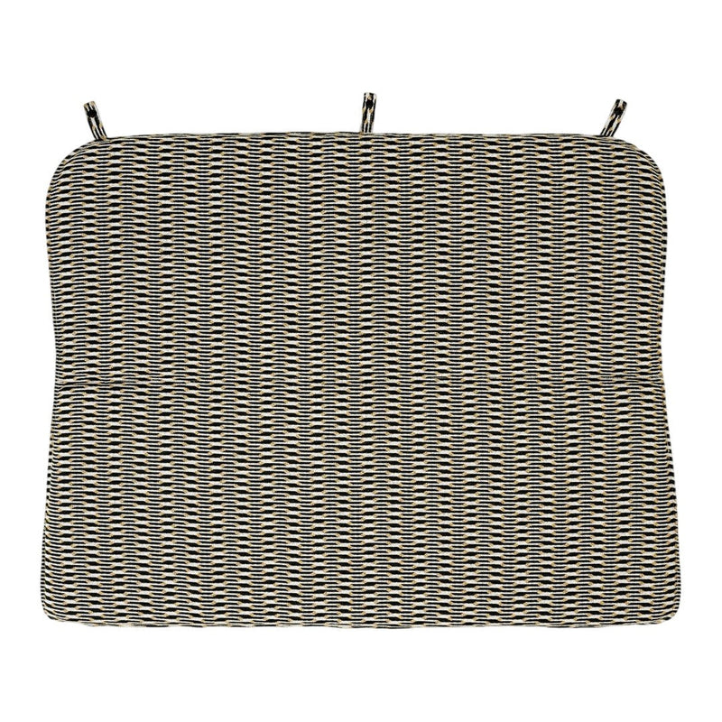 Gray and cream striped cushion with a subtle geometric pattern, featuring ties for secure attachment.