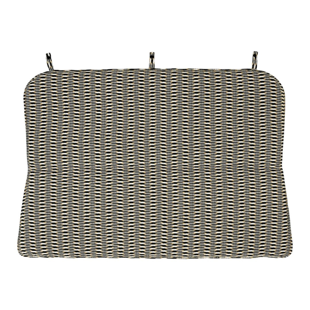 Black and cream striped fabric cushion with a contemporary geometric pattern. Perfect for stylish outdoor seating.