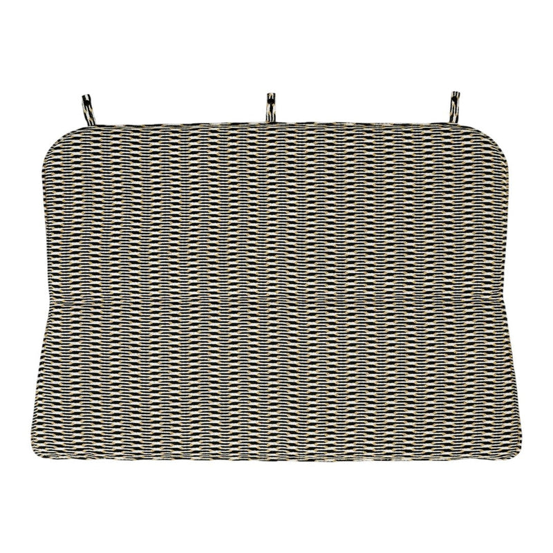 Black and cream striped fabric cushion with a contemporary geometric pattern. Perfect for stylish outdoor seating.