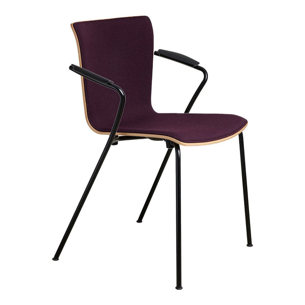 Purple upholstered chair with black metal legs and smooth wood accents, featuring a minimalist design.
