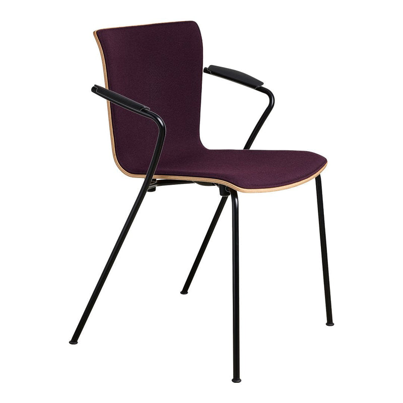 Purple upholstered chair with black metal legs and smooth wood accents, featuring a minimalist design.