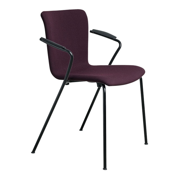 Burgundy fabric chair with black metal legs and armrests, featuring a sleek and modern design.