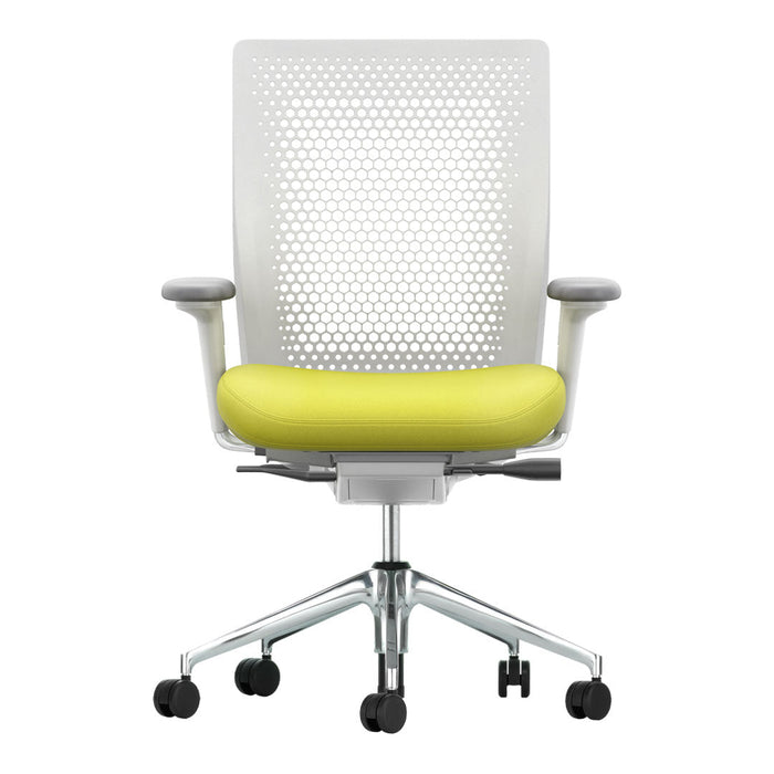 White mesh office chair with a vibrant yellow seat cushion and a sleek chrome base; modern, breathable design.