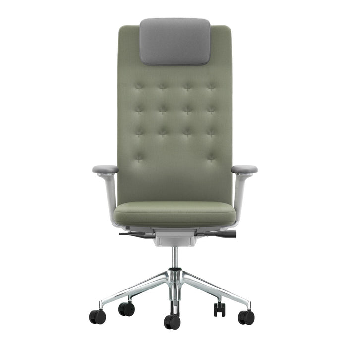 Stylish high-back office chair in muted olive green with a tufted pattern and a gray headrest.