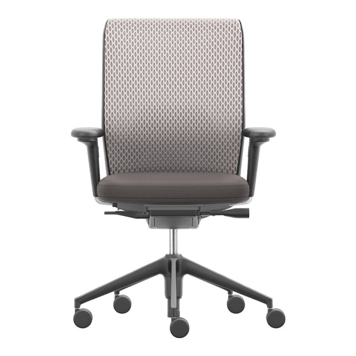 Gray office chair with a patterned light gray backrest and a dark gray seat, featuring a modern design on rolling casters.