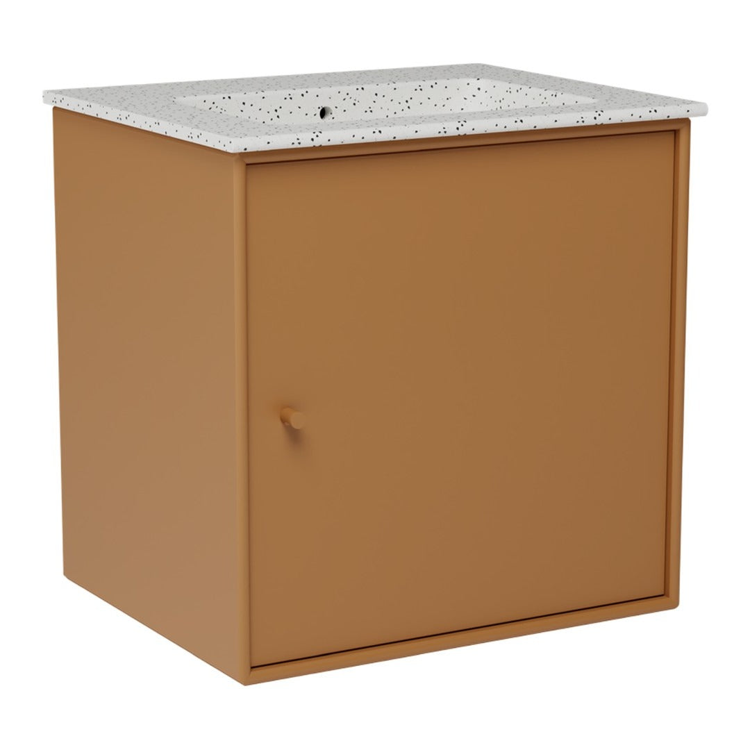Rust-colored cabinet with a speckled white top, featuring a smooth finish and minimalist design.