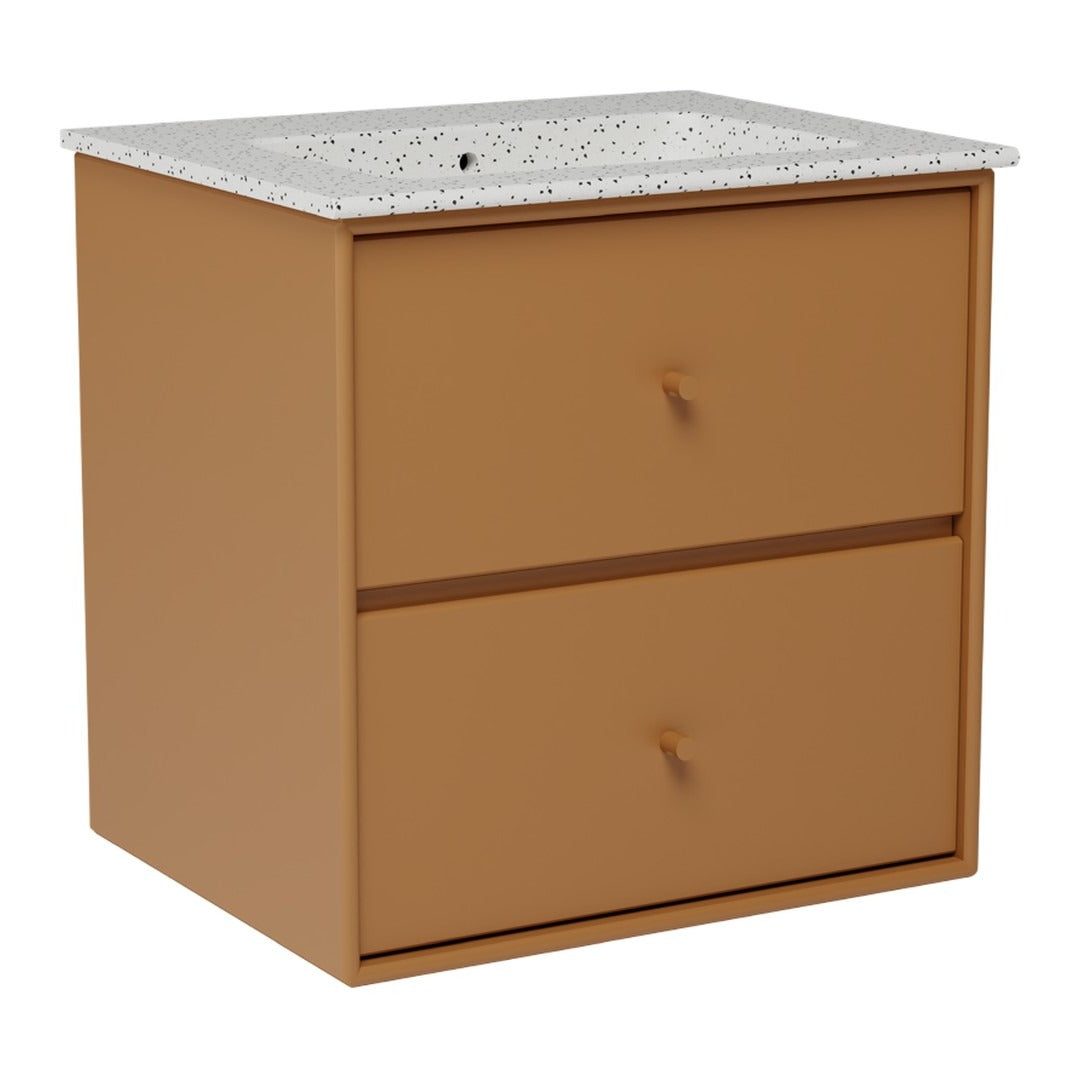 Brown two-drawer cabinet with a speckled white countertop. Stylish and modern design for any room.