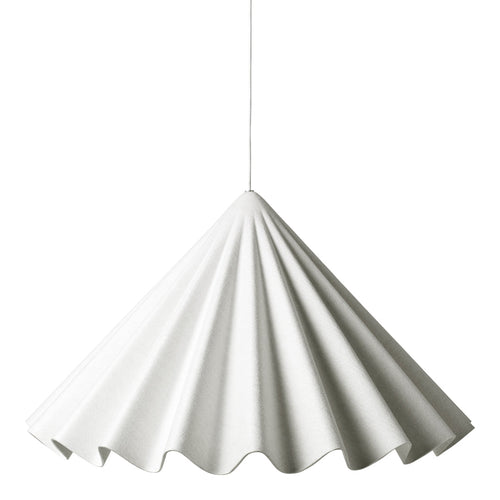 White pleated pendant lamp with a unique cone shape and scalloped edge, adding a modern touch to any space.