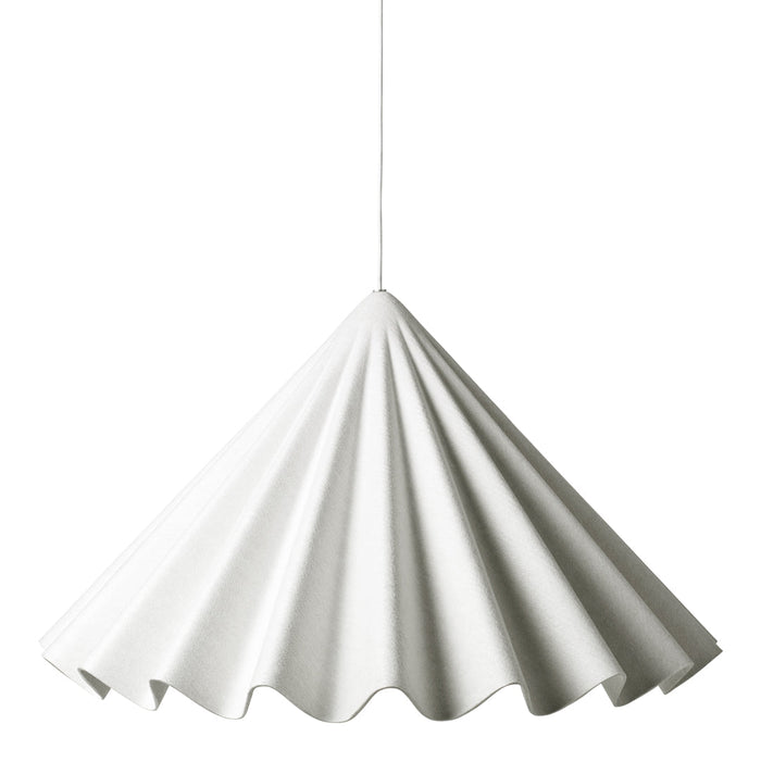 White pleated pendant lamp with a unique cone shape and scalloped edge, adding a modern touch to any space.