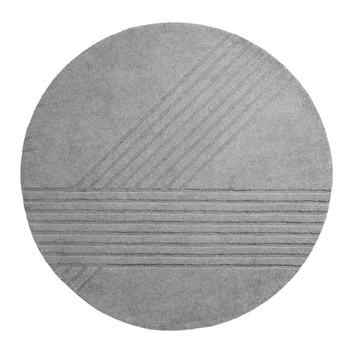 Gray circular rug featuring textured diagonal and horizontal patterns for a modern touch.