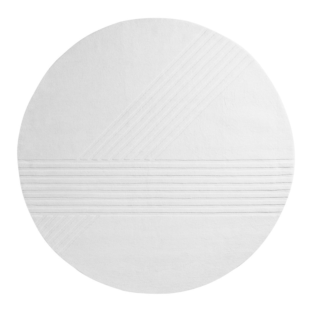 White circular rug featuring textured diagonal and horizontal patterns for a modern touch.