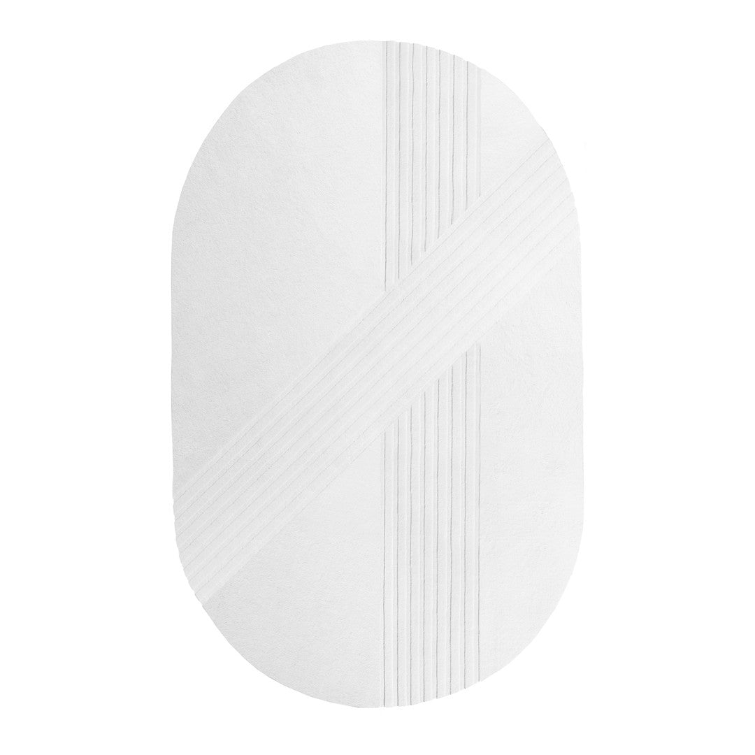 White oval rug with subtle linear texture and embossed stripes for a modern, minimalist look.
