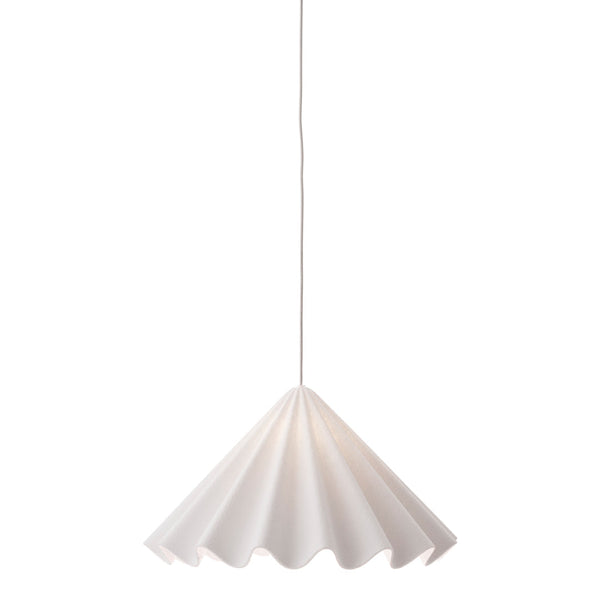 White paper pendant lamp with a unique folded scalloped pattern, perfect for modern decor.