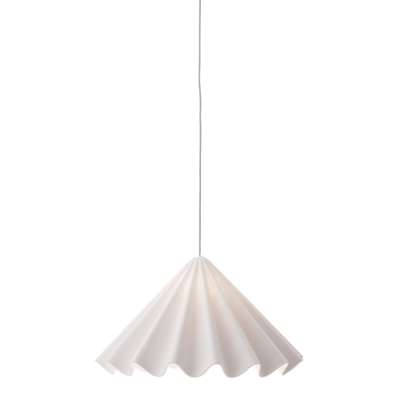 White paper pendant lamp with a unique folded scalloped pattern, perfect for modern decor.