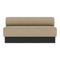 Neutral beige fabric sofa with a rounded back and sleek black base, perfect for modern decor.