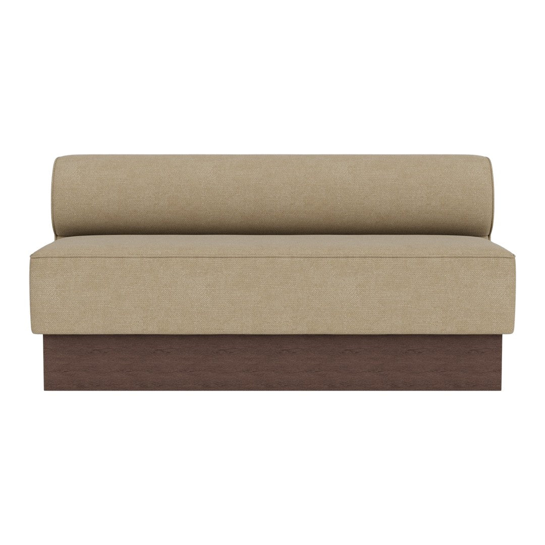 Beige fabric sofa with a rounded backrest and dark wood base, offering a modern, neutral aesthetic for any space.