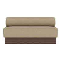 Beige fabric sofa with a rounded backrest and dark wood base, offering a modern, neutral aesthetic for any space.