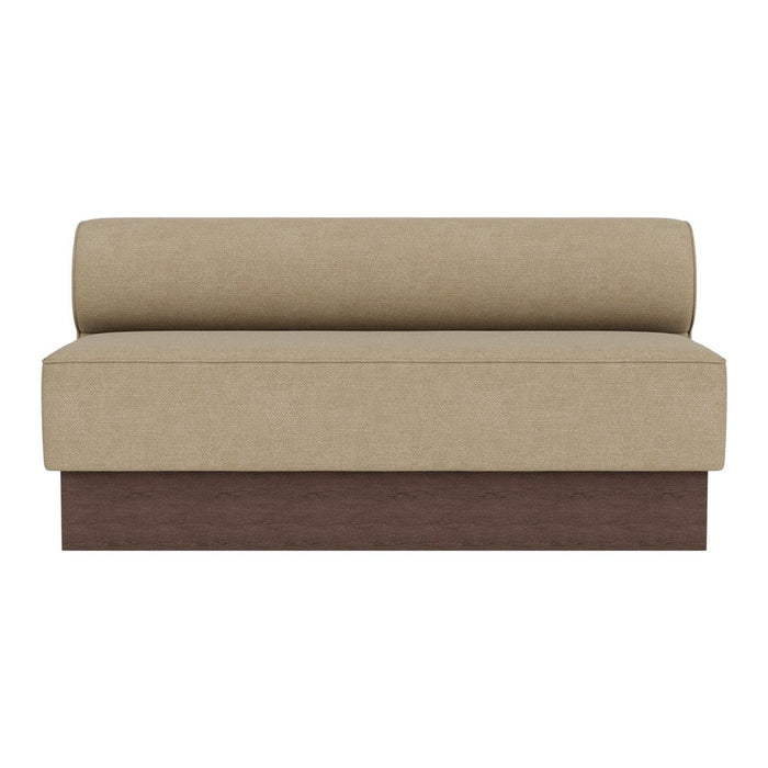 Beige fabric sofa with a rounded backrest and dark wood base, offering a modern, neutral aesthetic for any space.
