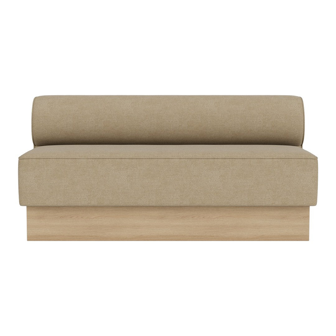 Beige upholstered sofa with a smooth fabric surface and a streamlined design, featuring a rounded back cushion.