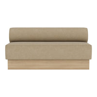 Beige upholstered sofa with a smooth fabric surface and a streamlined design, featuring a rounded back cushion.