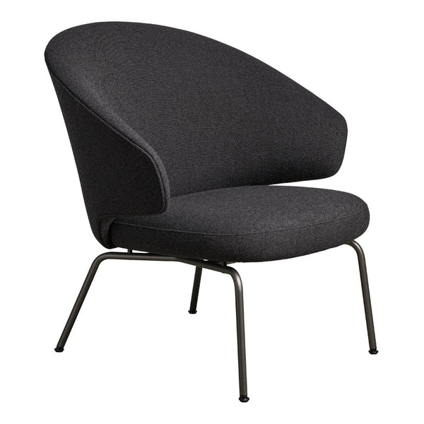 Curved black fabric chair with minimalist design and sleek metal legs, perfect for modern decor.