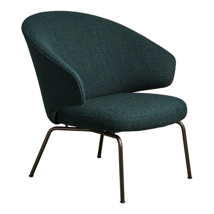 Stylish dark green upholstered chair with a modern design and a smooth texture on sleek metal legs.