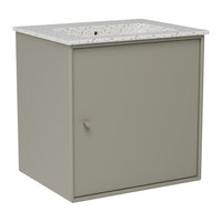 Gray cabinet with a speckled white top, featuring a simple, modern design ideal for bathroom decor.