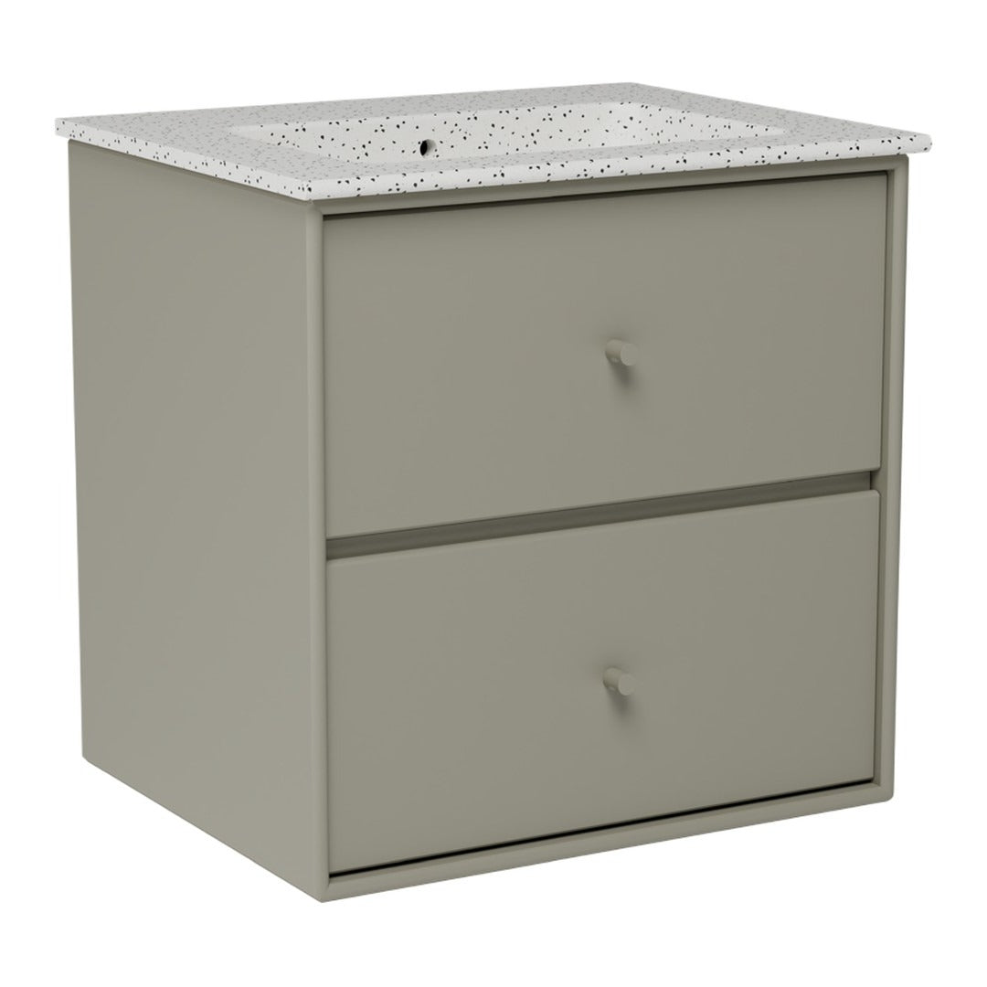Gray cabinet with two drawers and a textured speckled white top. Modern, minimalist design suitable for various decor styles.