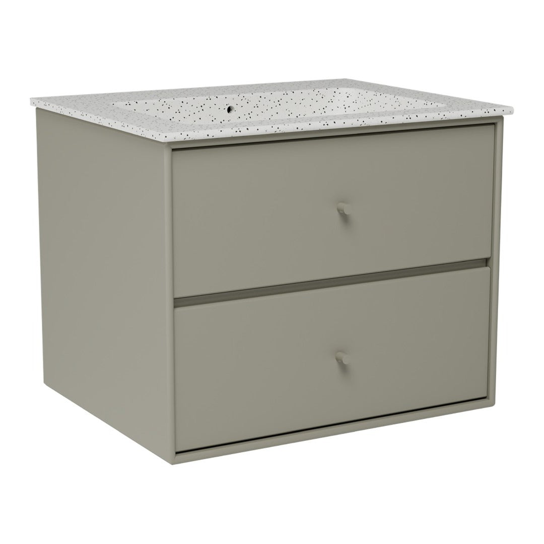 Gray two-drawer vanity with a speckled white countertop, adding a modern, textured touch to any bathroom decor.